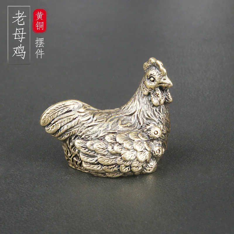 Solid brass hen tabletop ornament with twelve zodiac chicken bronze carving handicrafts, paperweight tea pet decoration