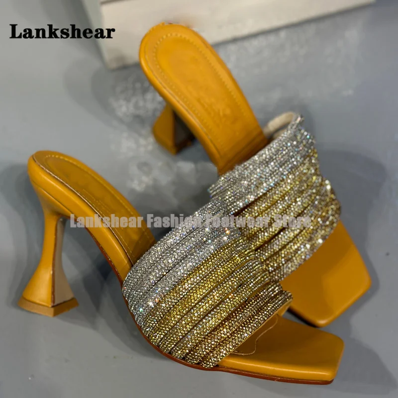 Summer Colorful Rhinestone Slippers for Women Sexy Stiletto High Heel Peep Toe Plus Size Sandals Slides Mid Heel Mules Shoes