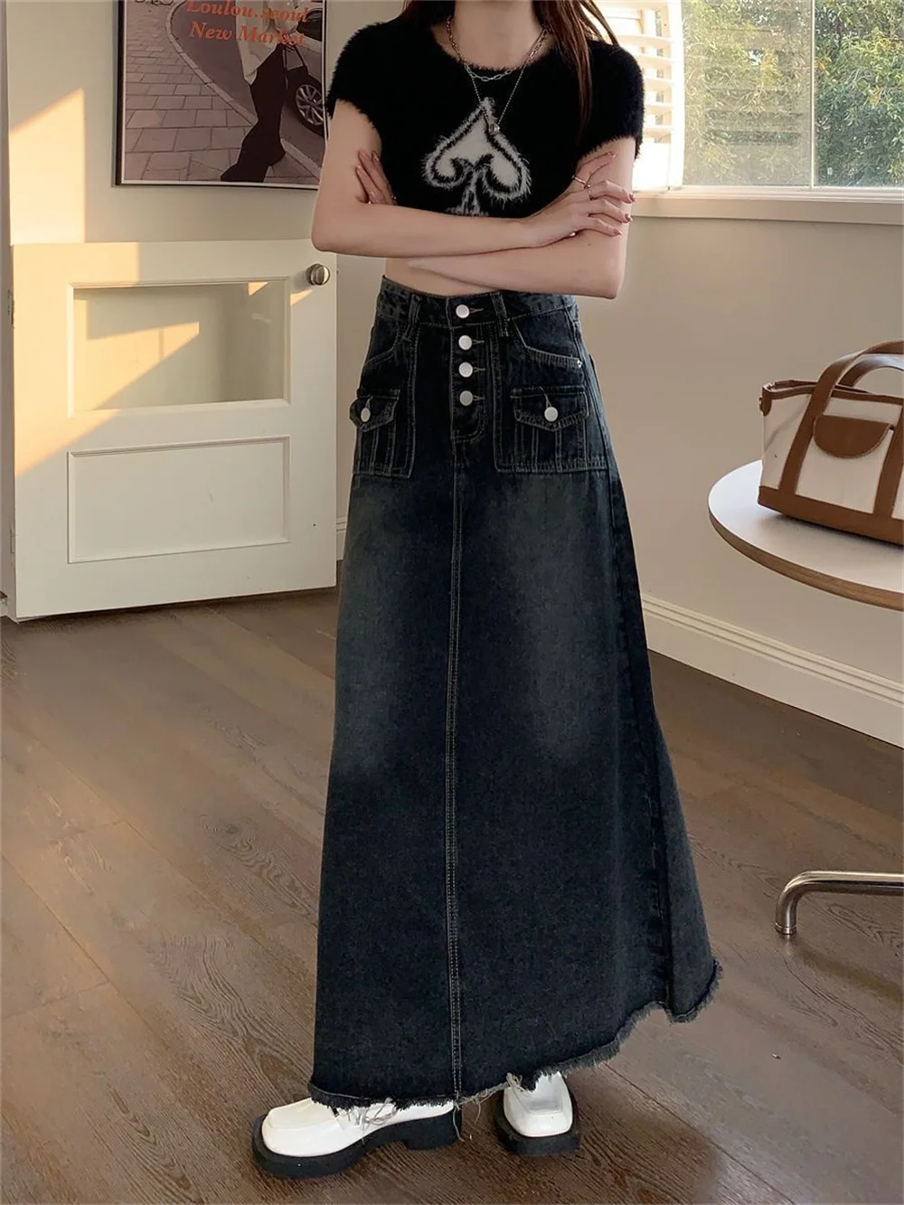 2024 New Spring Summer Fashion Frayed Hem Pocket High Waist Long Jeans Skirt Loose Plus Size Skirt Streetwear Denim Skirt