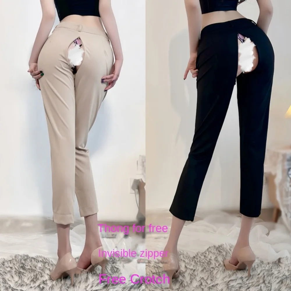 Summer Outdoor Sex Open Crotch Leggings Workplace Suit Pants Women's Zipper Erotic Date Harem Blazer Casual Tailored Trousers