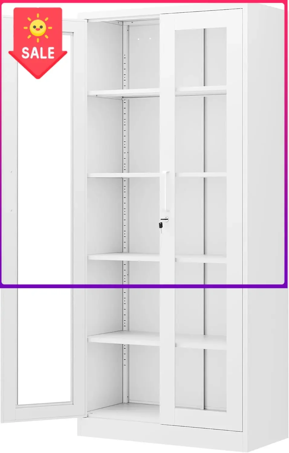 Display Cabinet with Glass Doors, 71 Inches Metal Display Case with 4 Adjustable Shelves, Curio Storage Cabinet with Lock for Ho