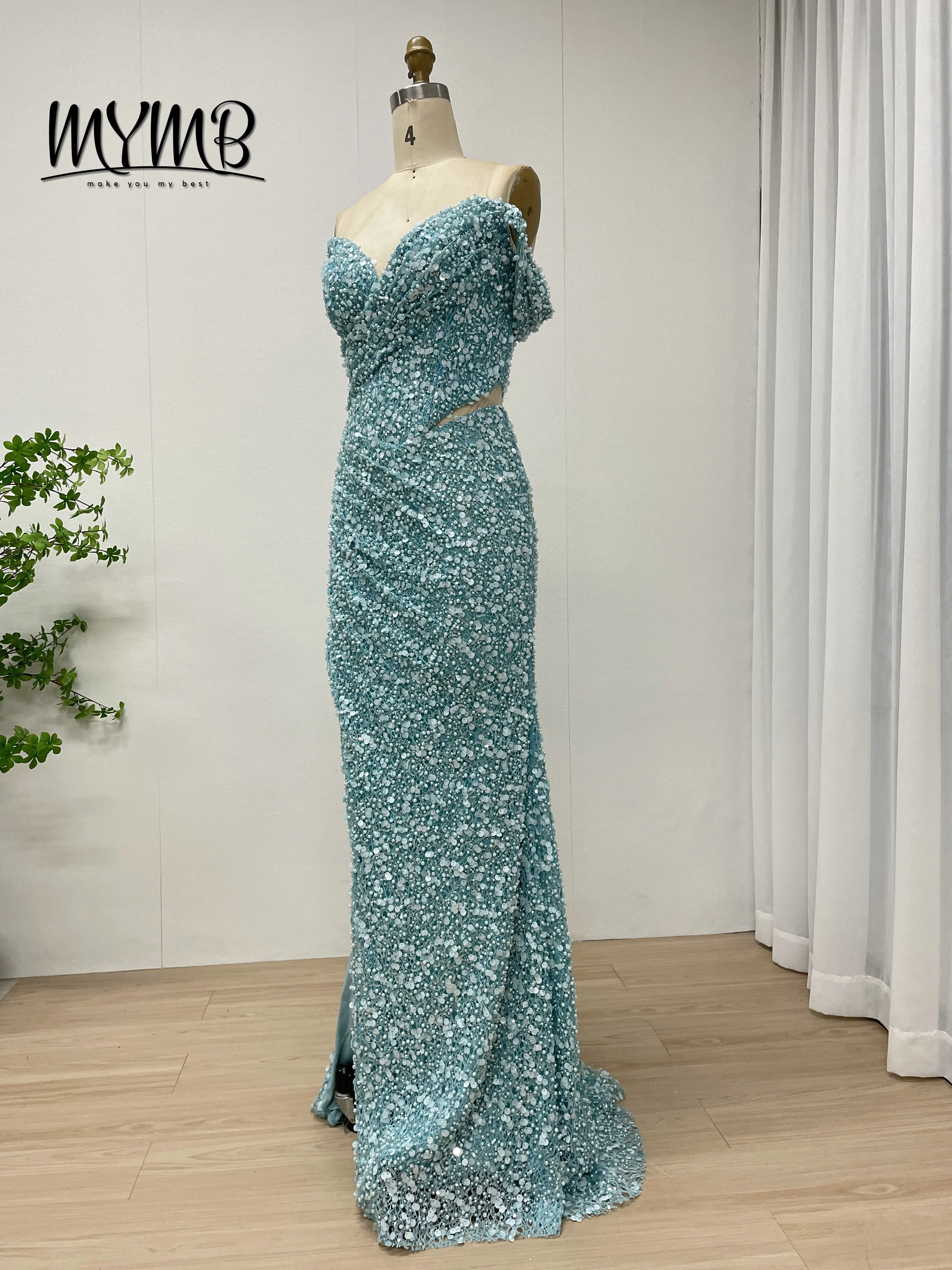 Mymb elegante azul verde sereia vestidos com alta divisão lantejoulas vestidos formais ruched detalhando miçangas cintura natural my30172