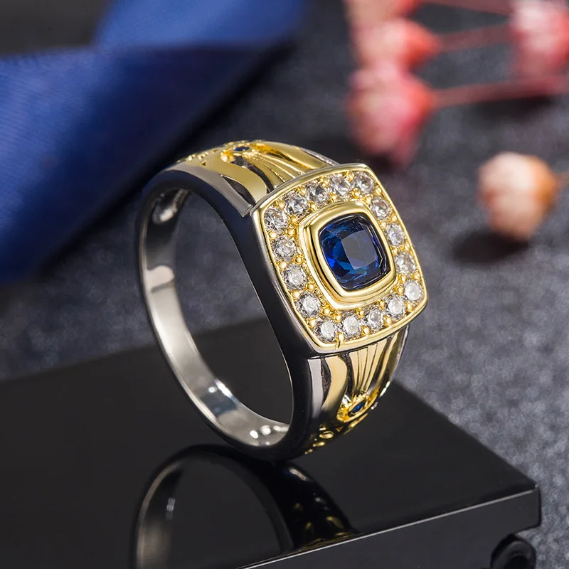 

Men's Euro & USA Business Vintage Two-Tone Ring, Sapphire & Blue Crystal Inlaid Diamonds, Gold-Toned Gemstone Jewelry for Formal