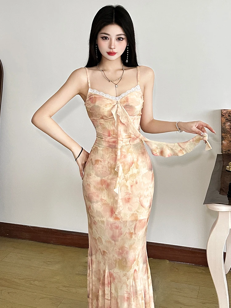 WEIRD PUSS Lace Splicing adient Blouse Women's Slimming Long Dr Ele Lady Summer Faion Polyester Spandex Gown