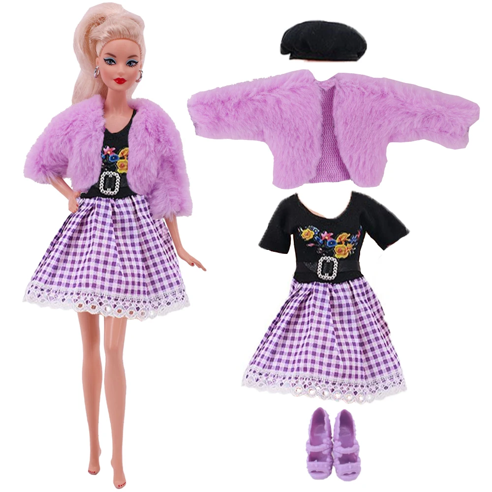 Barbies Doll Kleding Pluche Jas + Modieuze Pak Rok + Baret Hoed Geschikt Voor 11.8Inch Pop Casual Kleding Gratis schoen Gift