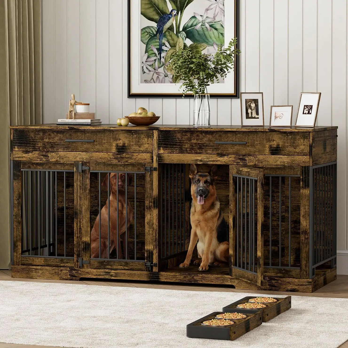 

72" Dog Crate Furniture for 2 Dogs, Large Dog Kennel Furniture with 2 Storage Drawer and 4 Bowls, Wooden Dog Cage with Removable