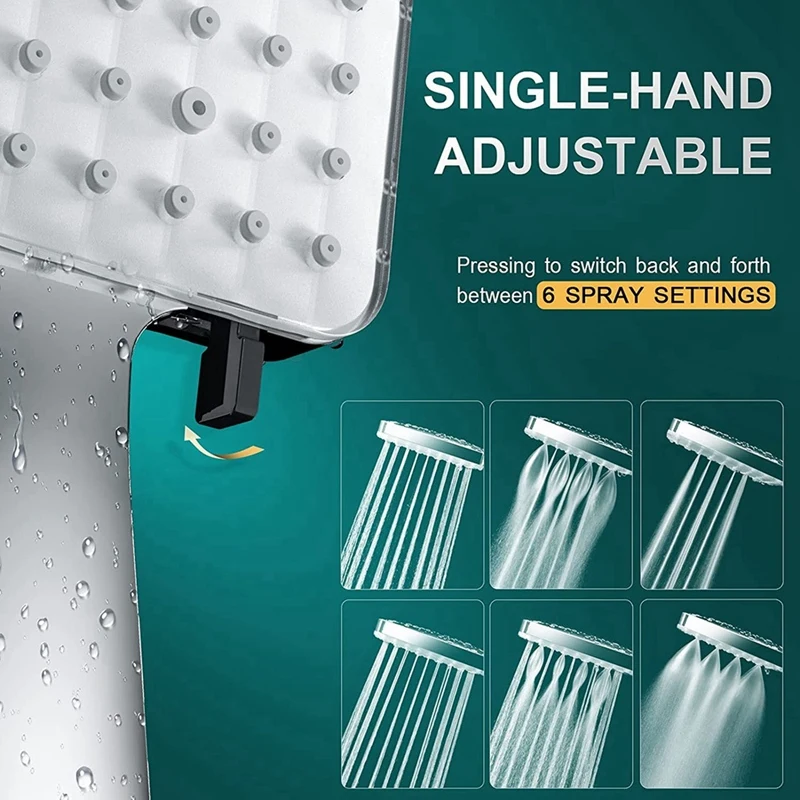 Douchekop Met Handheld, Één Handbediening 6-Instelling Hogedrukdouchekop, Met 59Inch Rekbare Slang