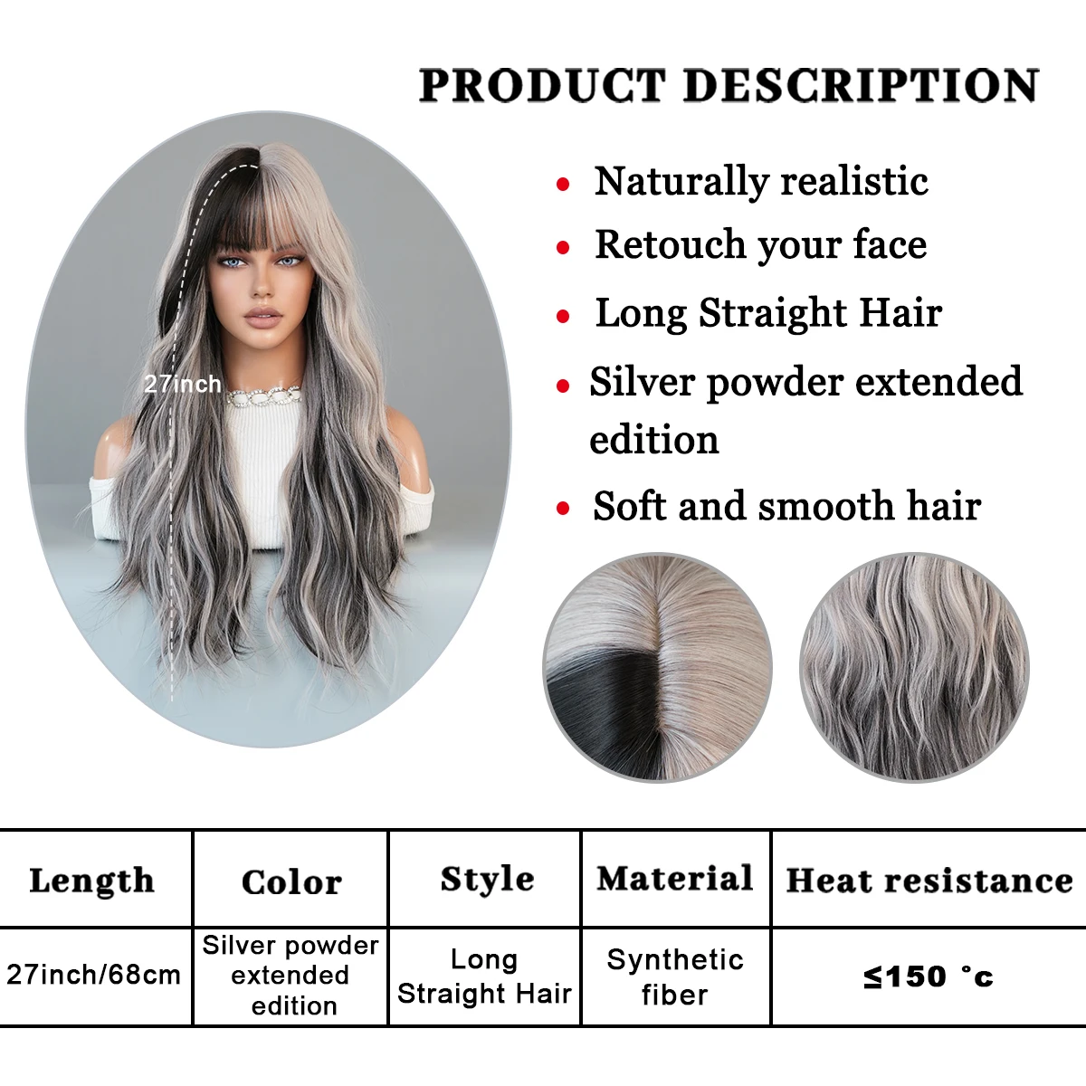 PARK YUN Long Body Wavy Silver Ash Hair Wig with Bangs for Women Daily Party High Density Hair Ombre Wigs Heat Resistant Fiber