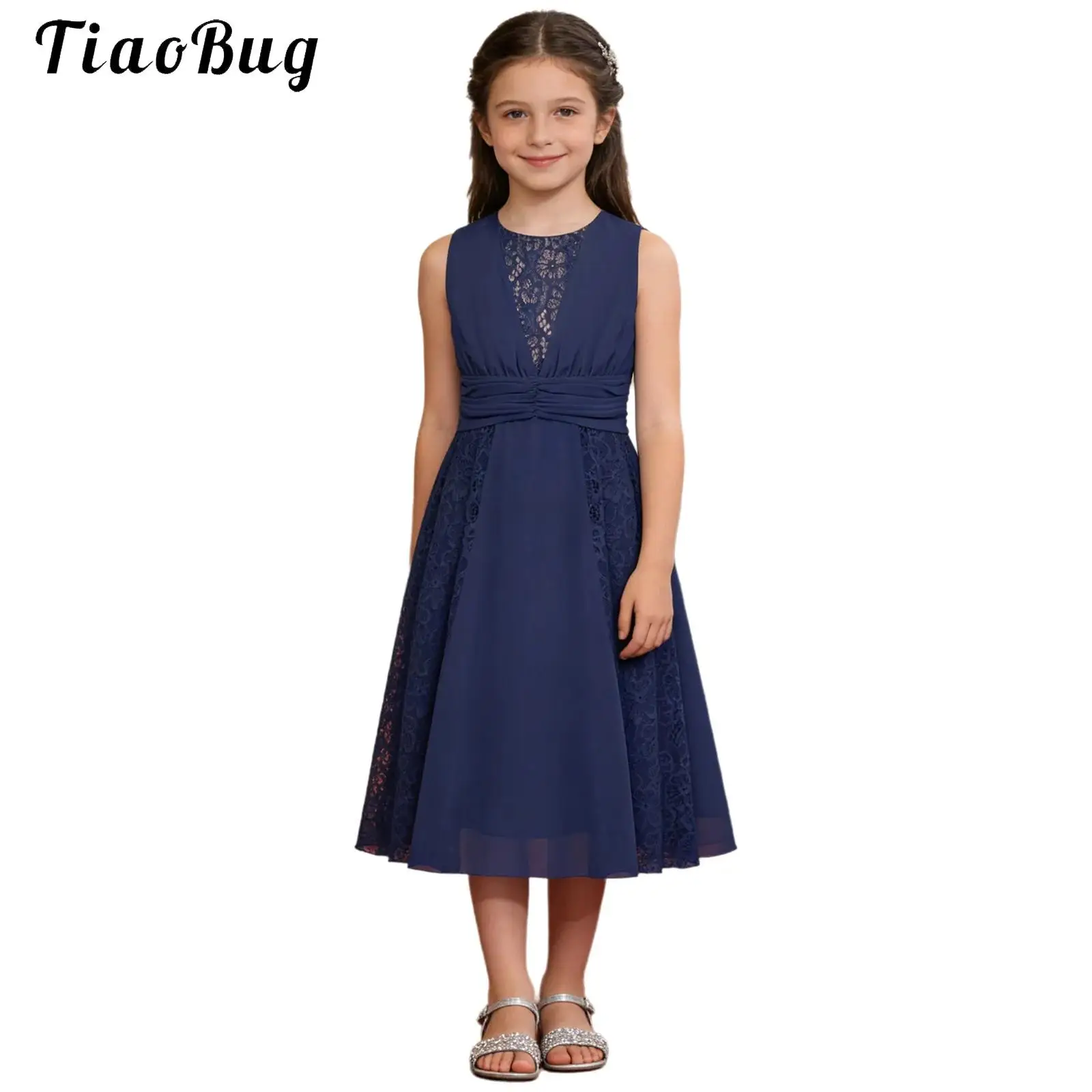 

Flower Girls Princess Dress for Kids Bridesmaid Wedding Elegant Chiffon Dress Floral Lace Sleeveless Tea-length Flowy Ball Gowns