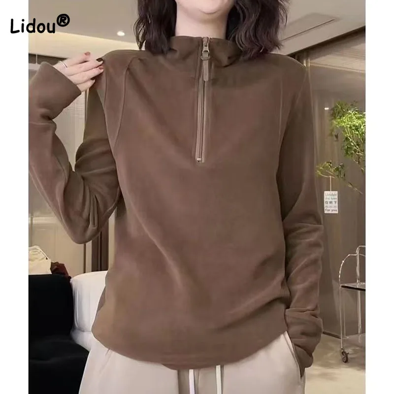 Simplicity Zipper Stand Collar Casual Solid Color Tops Autumn Winter Women's Clothing Fashion All-match Long Sleeve Sweatshirts