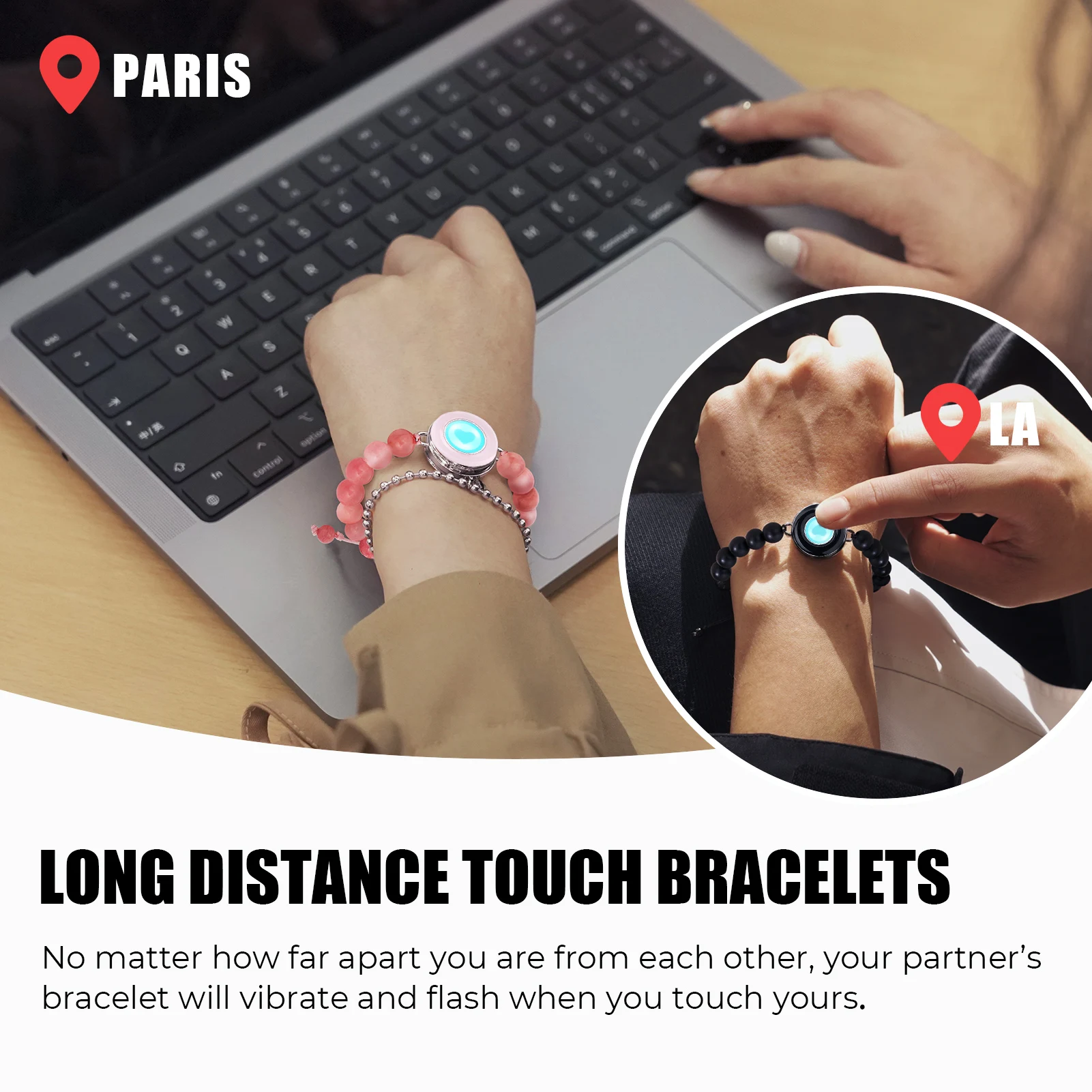 TOTWOO Long Distance Touch Bracelets for Couples, Vibration & Light up Gifts for Girlfriend Bluetooth Pairing Jewelry