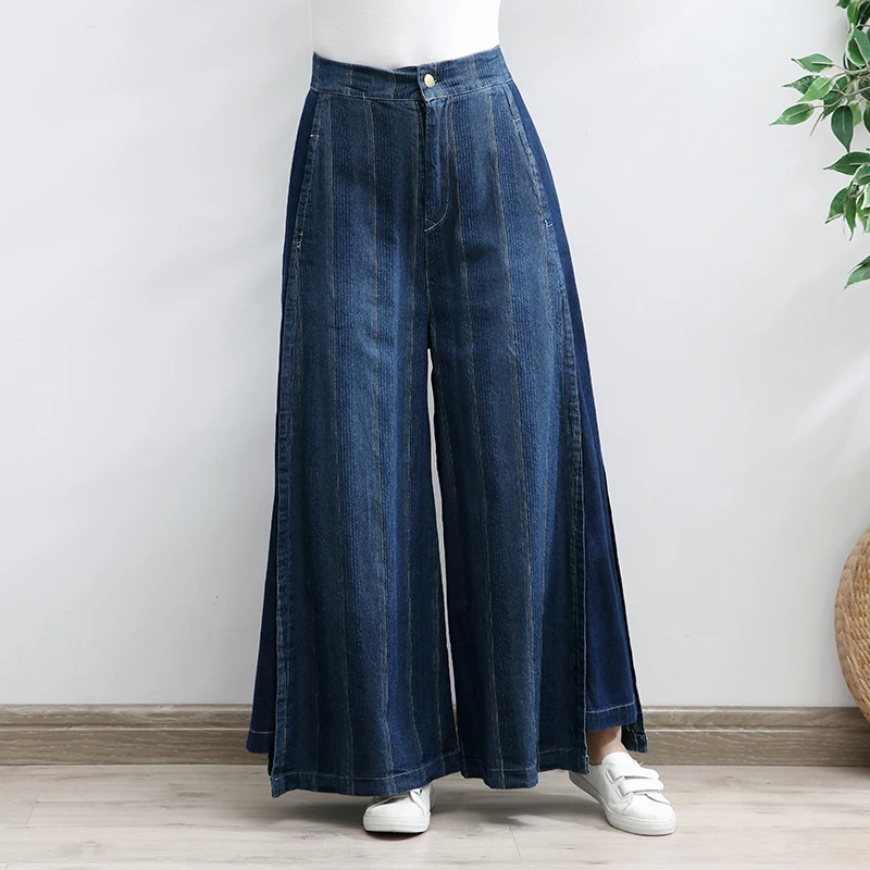 Tiyihailey Gratis Verzending 2022 Nieuwe Wijde Pijpen Lange Broek Voor Vrouwen Broek Denim Jeans Elastische Taille Casual Streep Losse