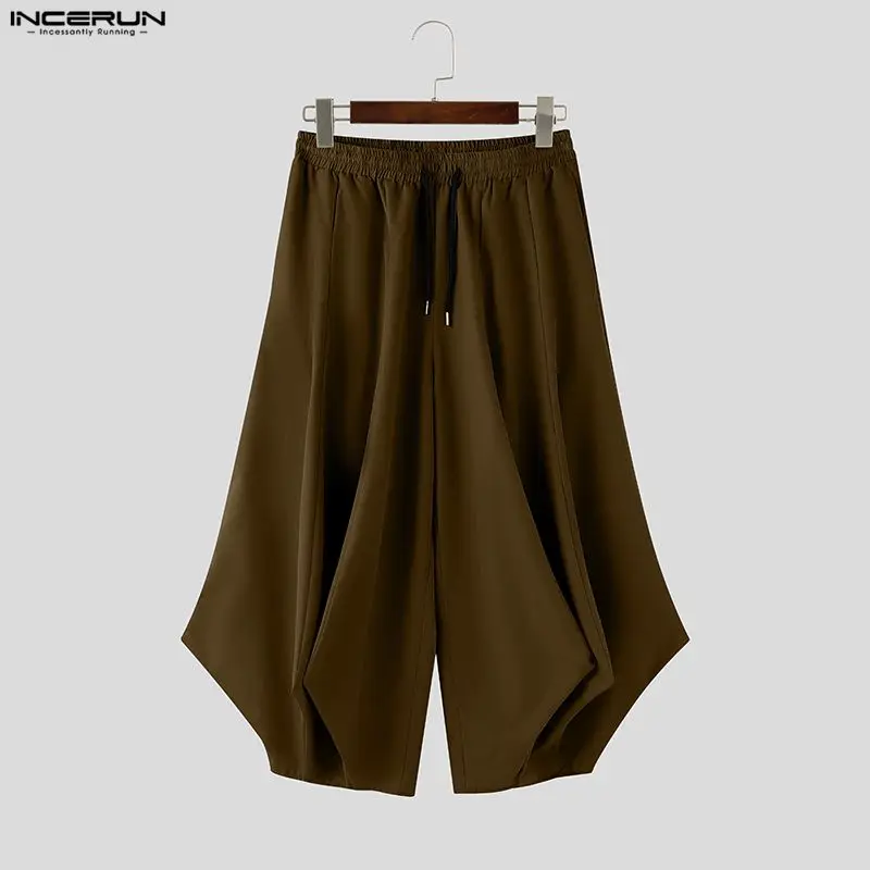 

INCERUN Men Wide Leg Pants Solid Color Loose Joggers Drawstring Casual Men Irregular Trousers Streetwear 2026 Fashion Male Pants