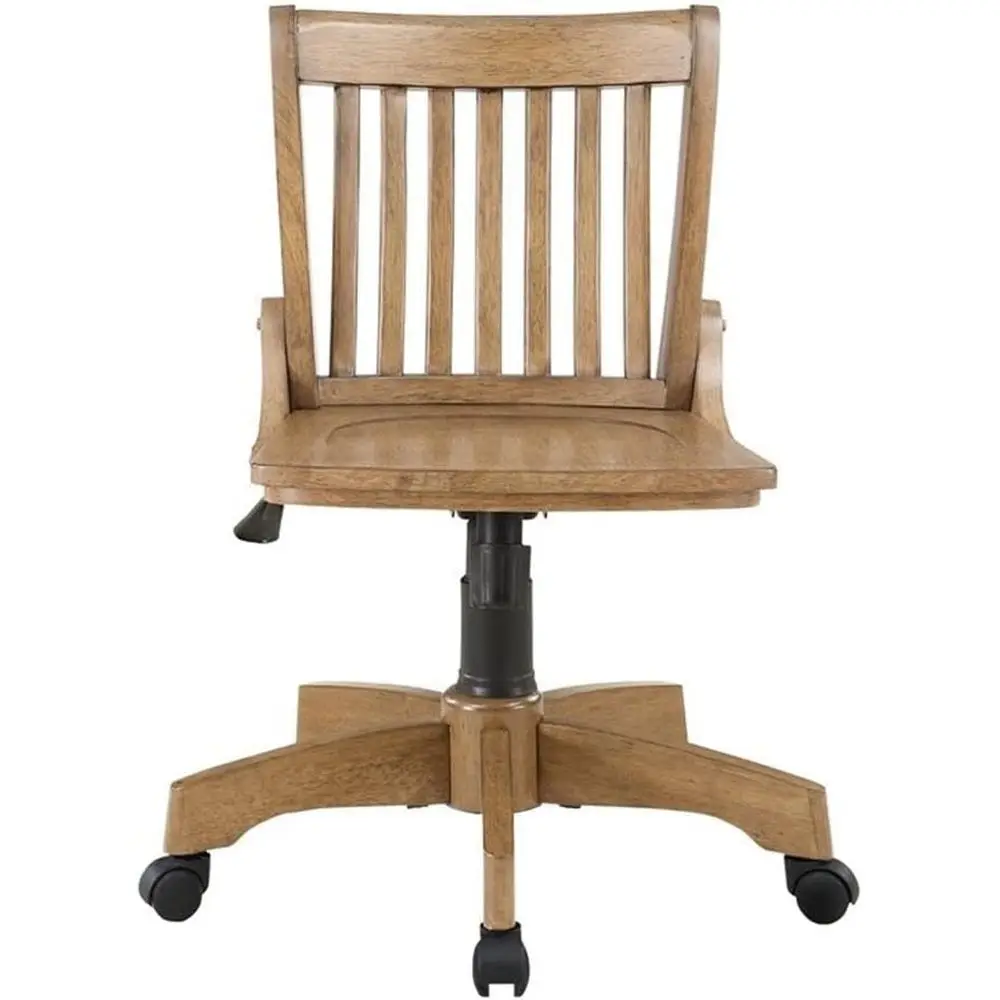 

Vintage-Style Medium Brown Wooden Office Chair with Adjustable Height, Slatted Back, and 5-Wheel Caster Base