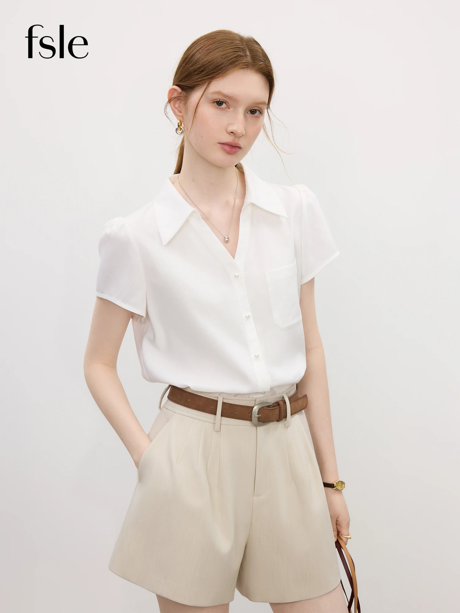 

FSLE V-neck shirt women 2025 summer new Korean version all-match interview teacher shirt women 25FS12706