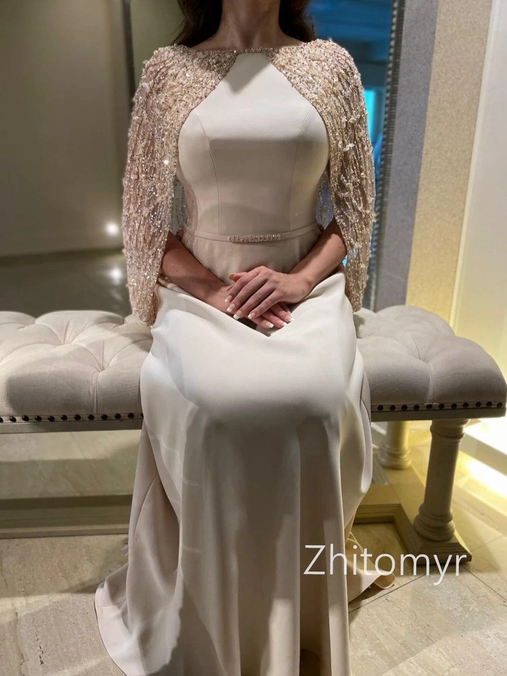 Customized High quality Jewel A-line Prom Dresses Beading Paillette / Sequins Stole Watteau Floor length Evening  فساتين vestido