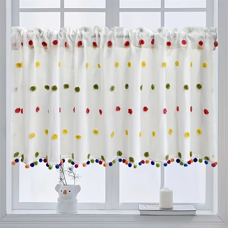 1pc Cream Thin Textured Dot Pom-pom Curtain, Soft Light, Fairy Decor for Bay Window Shelf