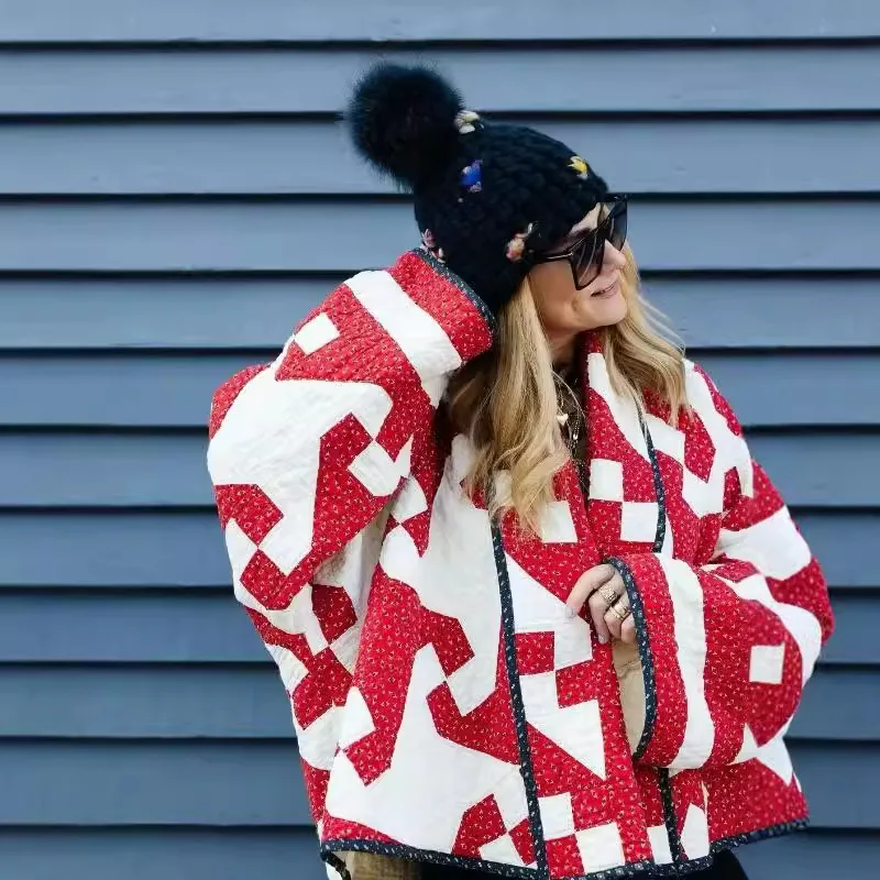 Women's Clothing Autumn Winter Popular Red Geometric Printed Cotton-padded Jacket Parka