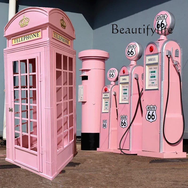 

Retro British Telephone Booth Post Box Pink Set Wrought Iron Road Sign Sign Shop Decoration Decoration تحف كبيره للمنزل