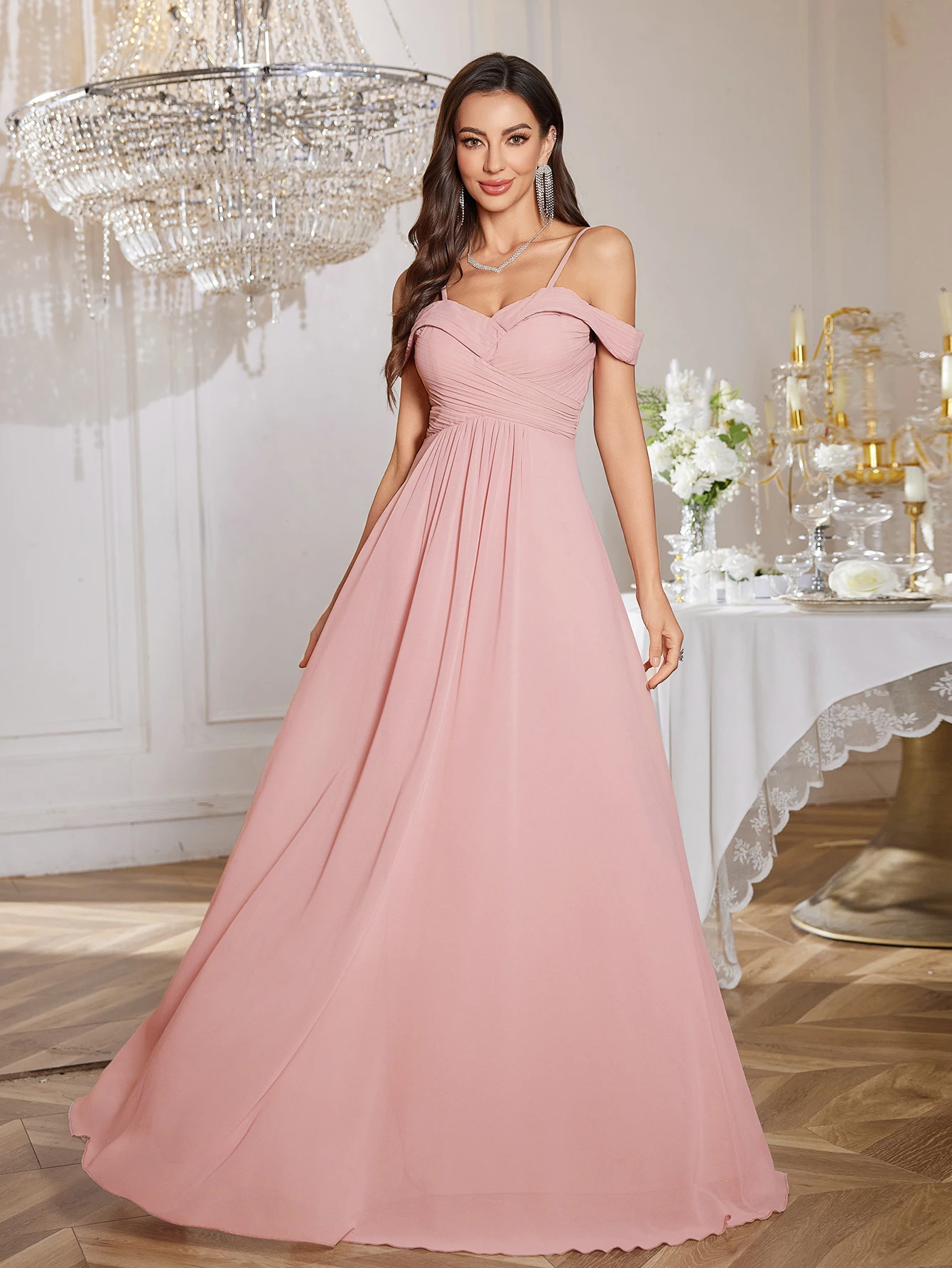 UNITHORSE Abito longuette elegante senza spalline in puro colore con orlo arricciato e vita incrociata per damigelle d'onore