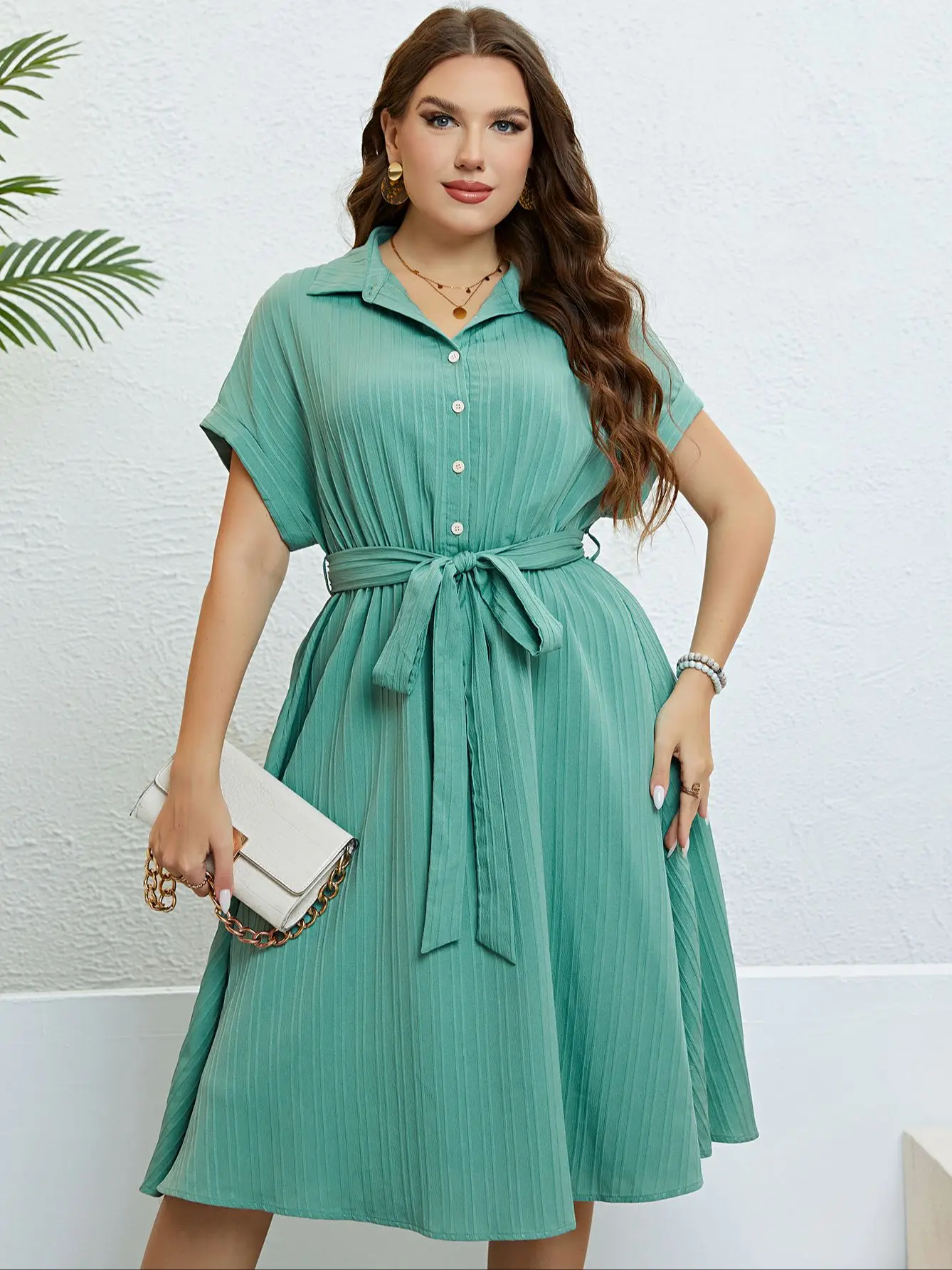 Turndown Collar Button Belt Female Midi Oversized Dresses Urban Casual Short Sleeve Summer Dress For Women Plus Size Clothing