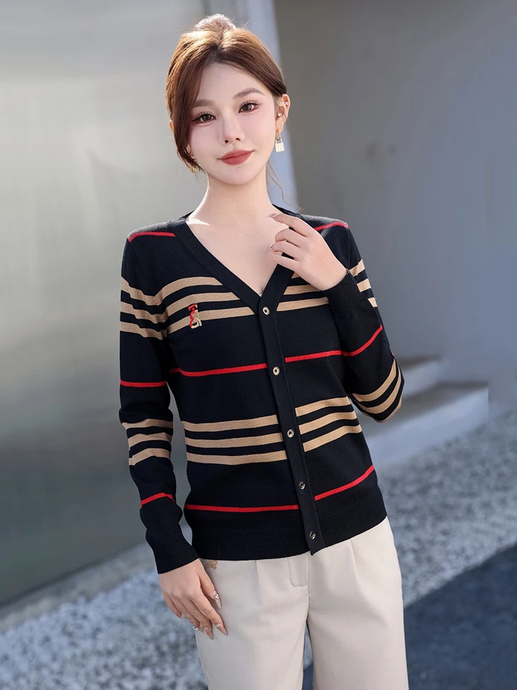 

Ele Briti Sle Striped Women's Knitted Cardigan Slim Fit V-Ne Single Button Thin Model Commute Faion Spring Autumn