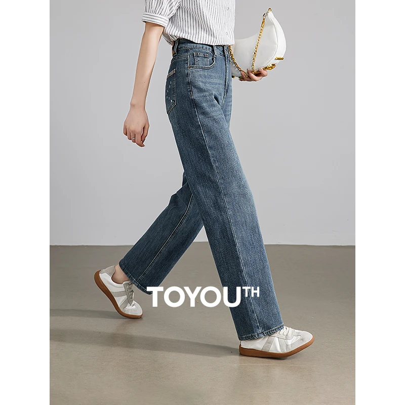 

TOYOUTH Women Jeans 2024 Summer New Straight Wide Leg Trouser Straight Pocket Versatile Casual Denim Pants