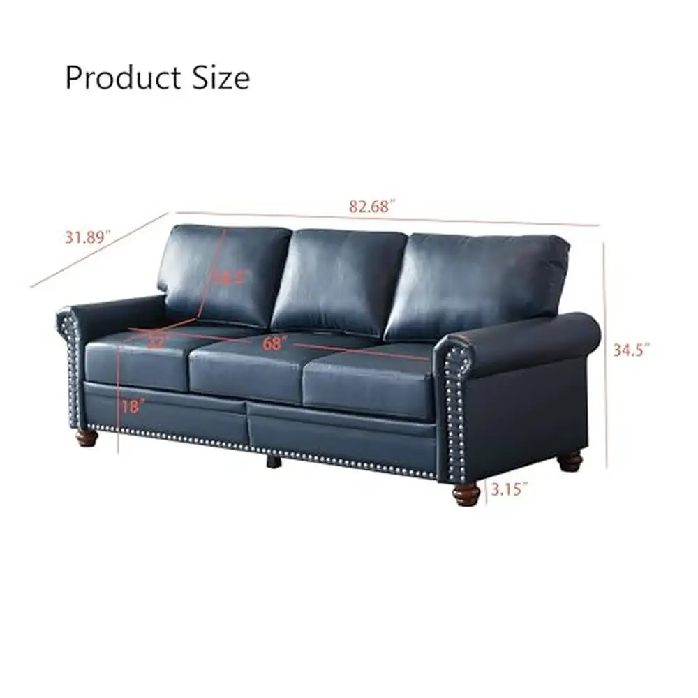 Sofa,Three-Seater Couch with 6 Solid Wood Support Legs & Silver Nail Decoration,82.68'' PU Leather Upholstery Sofa with Two