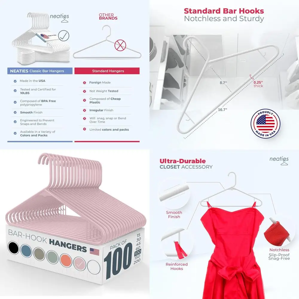 

100 Pack USA-Made Pink Plastic Hangers for Dresses, Lingerie, Shirts, and Pants