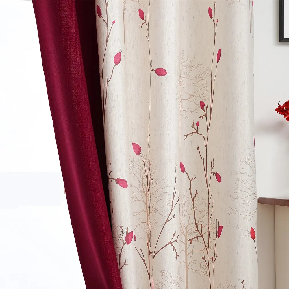 Burgundy Faux Cotton Linen Curtains For Living Room Pastoral Kitchen Curtains Pattern