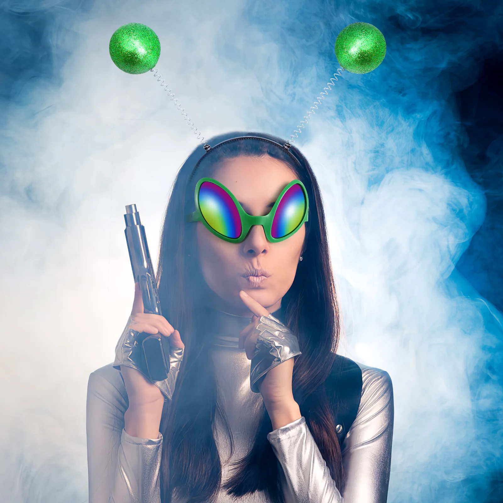 1 Juego de gafas de sol con diadema, disfraz de Cosplay para mujer, accesorios de fiesta espacial marciano, Boppers verdes de Union Jack