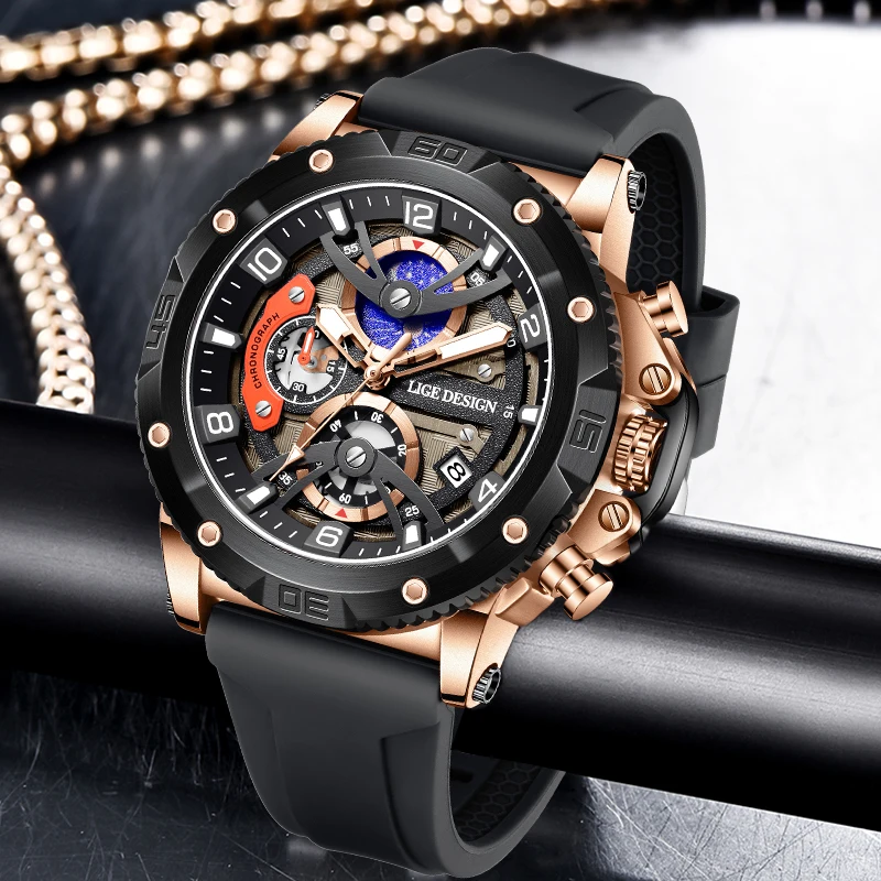 

LIGE Fashion Luxury Quartz Man Watch Casual Sport Silicone Skeleton Clock Waterproof Trendency Calendar HD Luminous Watches Male