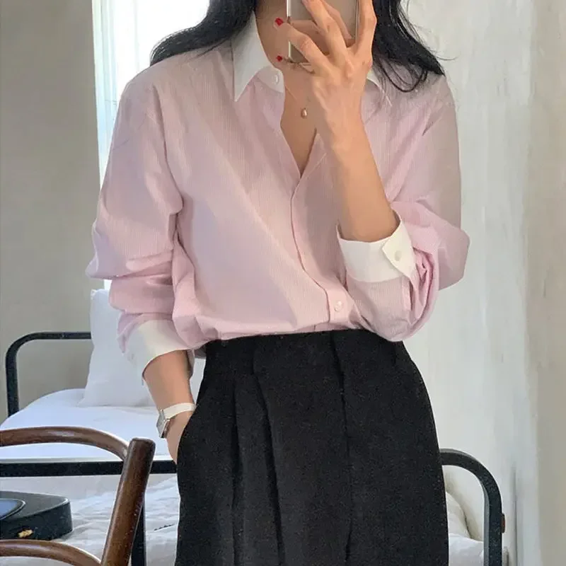 2024 New Blue Striped Blouses Women Korean Style Chic Elegant Office Look Casual Long Sleeve Shirts Pink Top Female Wear To Work