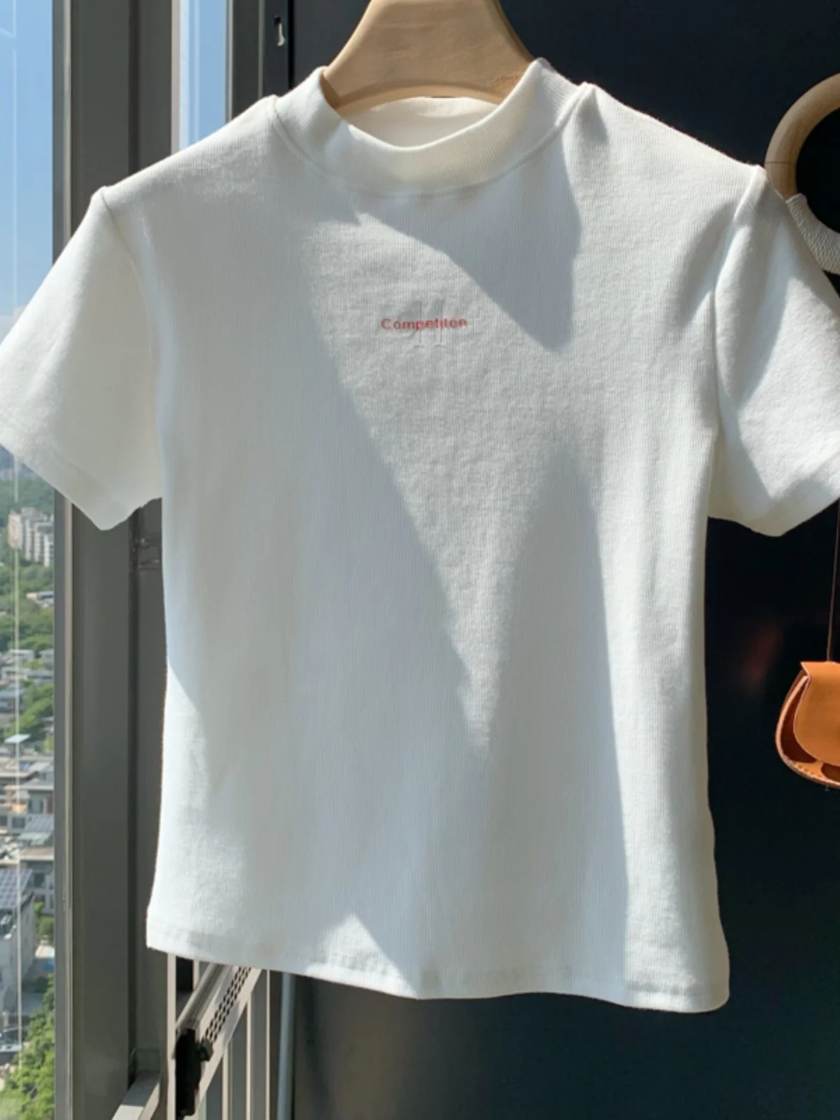 White Slim Fit ort Sve T-irt Women's Summer New Sle Printed Commute Sle Korean Version Cotton Polyester Blend