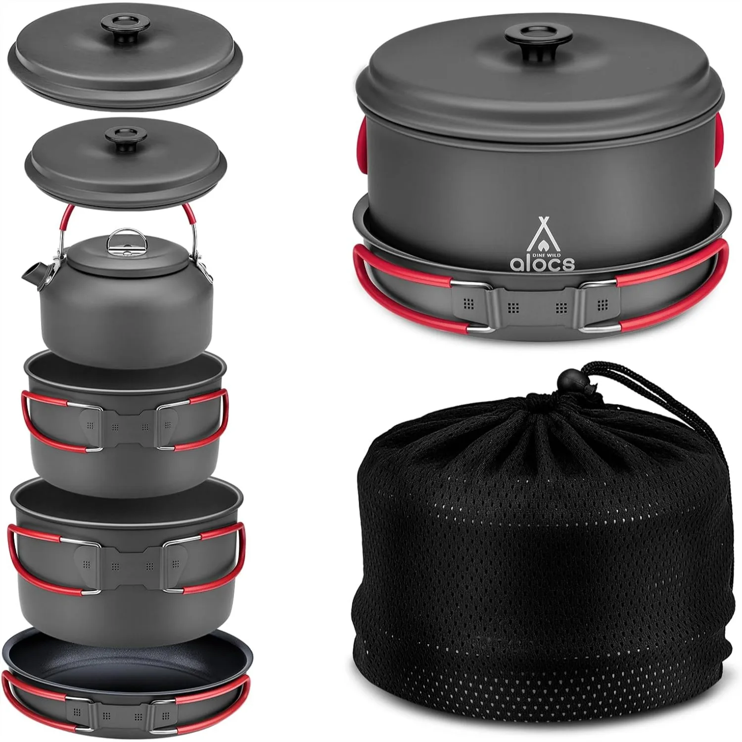 

Camping Cookware Set for Backpacking, 4-Piece Non-Stick Pots and Pan with Mesh Carry Bag for Outdoor Picnic