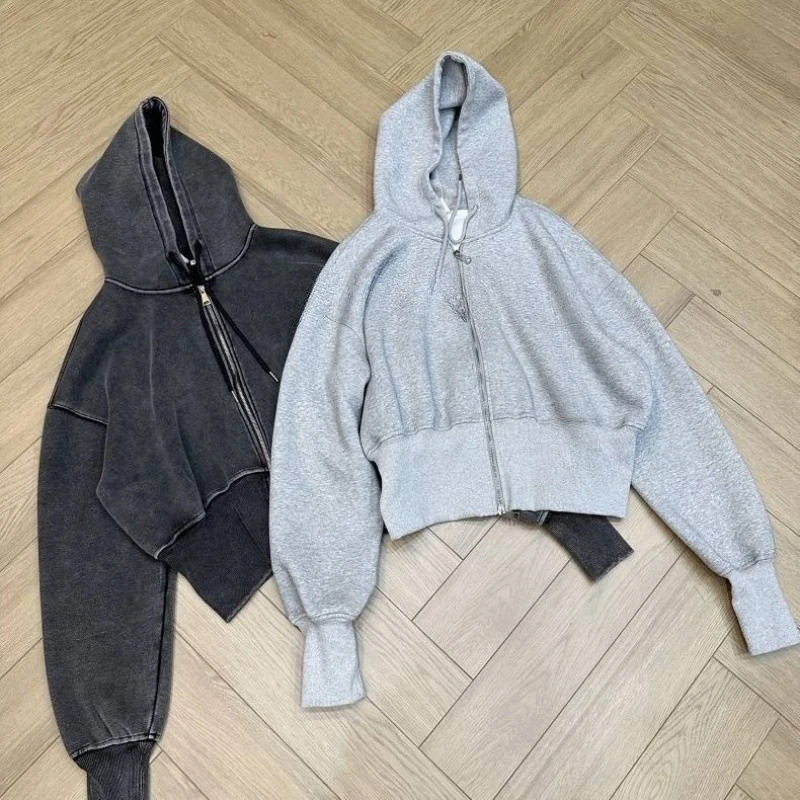 Autumn new washed niche widened thread short hooded jacket loose retro waist jacket women's trend comfortable and beautiful