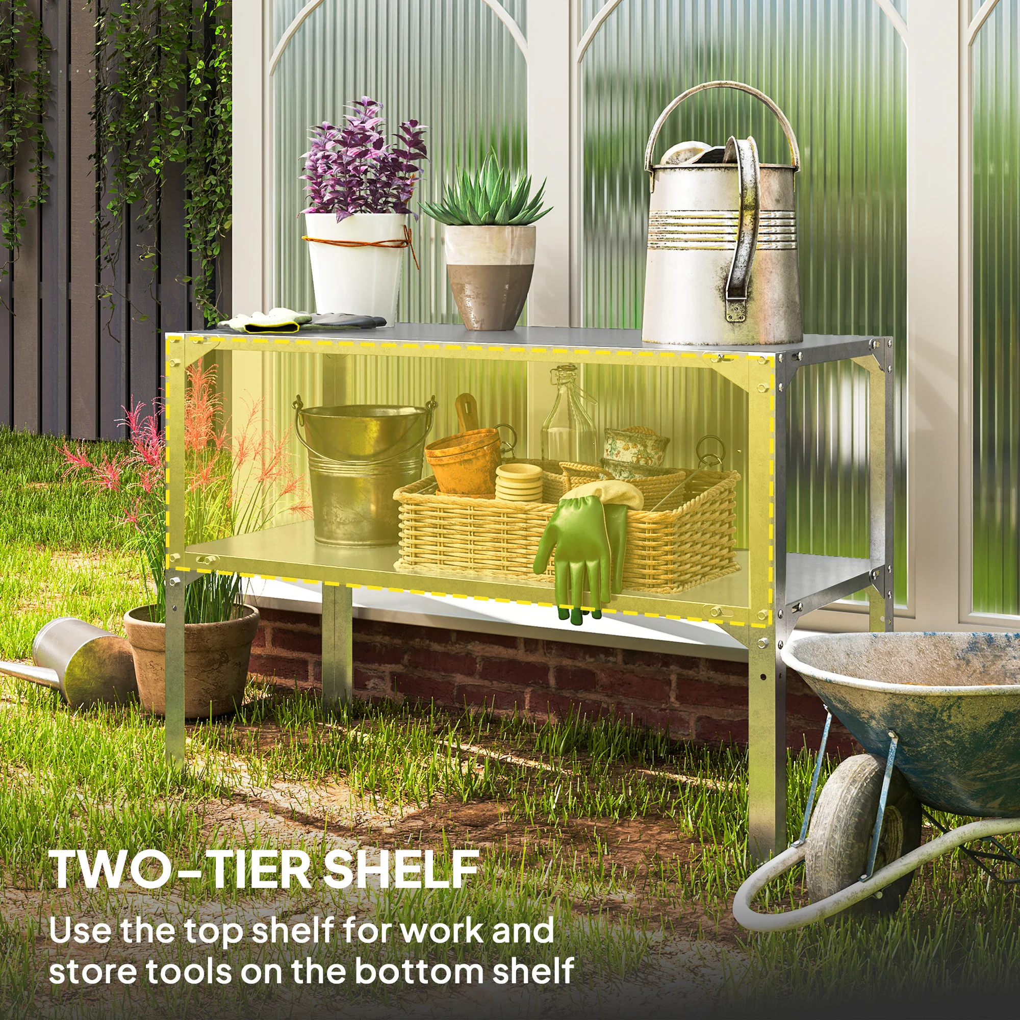 2 Tier Potting Bench Table, Galvanized Steel Planting Work Bench, Silver Tone