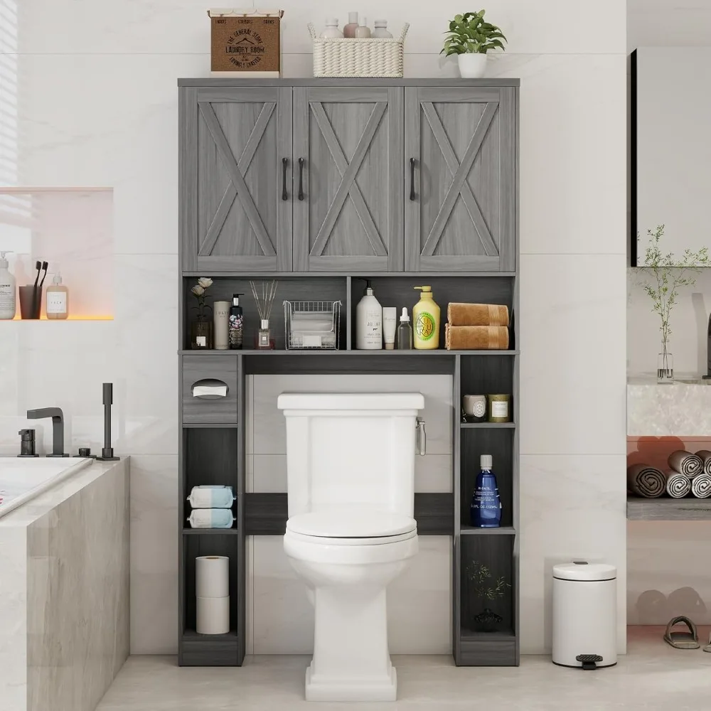 

Over The Toilet Storage Cabinet, Farmhouse Toilet Cabinet Rack with 3 Barn Doors, Space Saving Bathroom Organizer with Shelves,