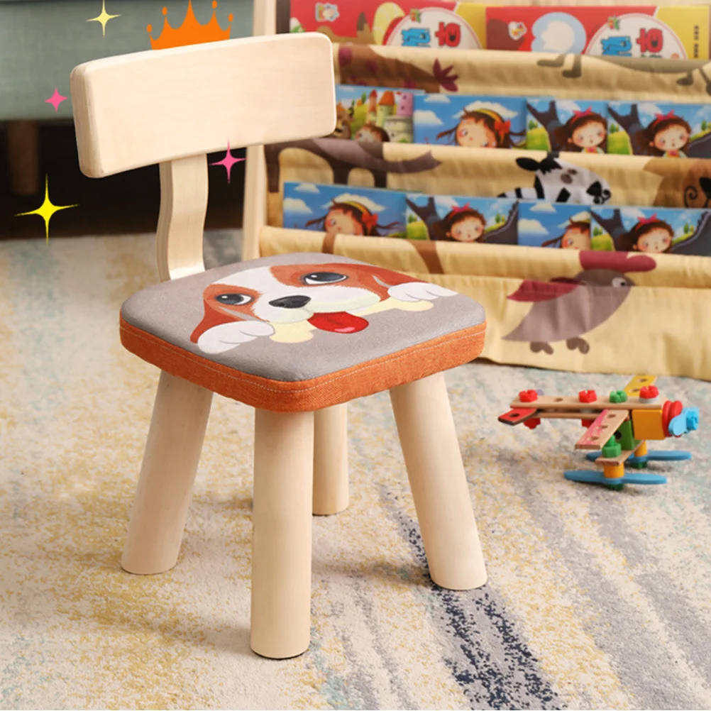 Kids Back Chair Children Stool Wooden Puppy Pattern Removable Cover Impact Resistant Back Support Stool Children Anti-Fall Chair