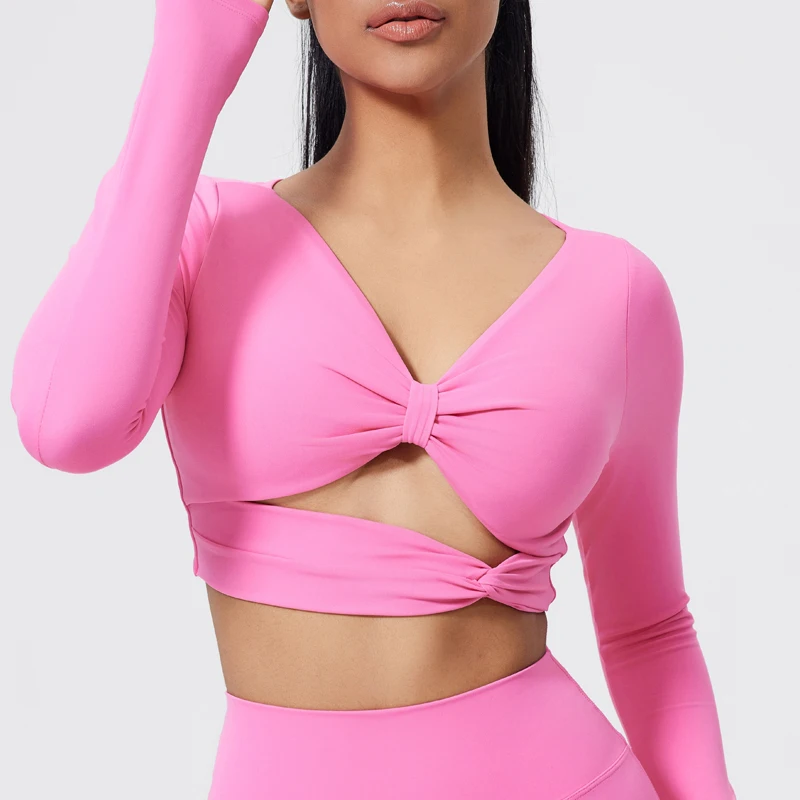 Women's Nylon Top Yoga Long Sleeved T-shirt Detachable Chest Cushion Tight Pleated Sports Top Waist Tight Yoga Tops