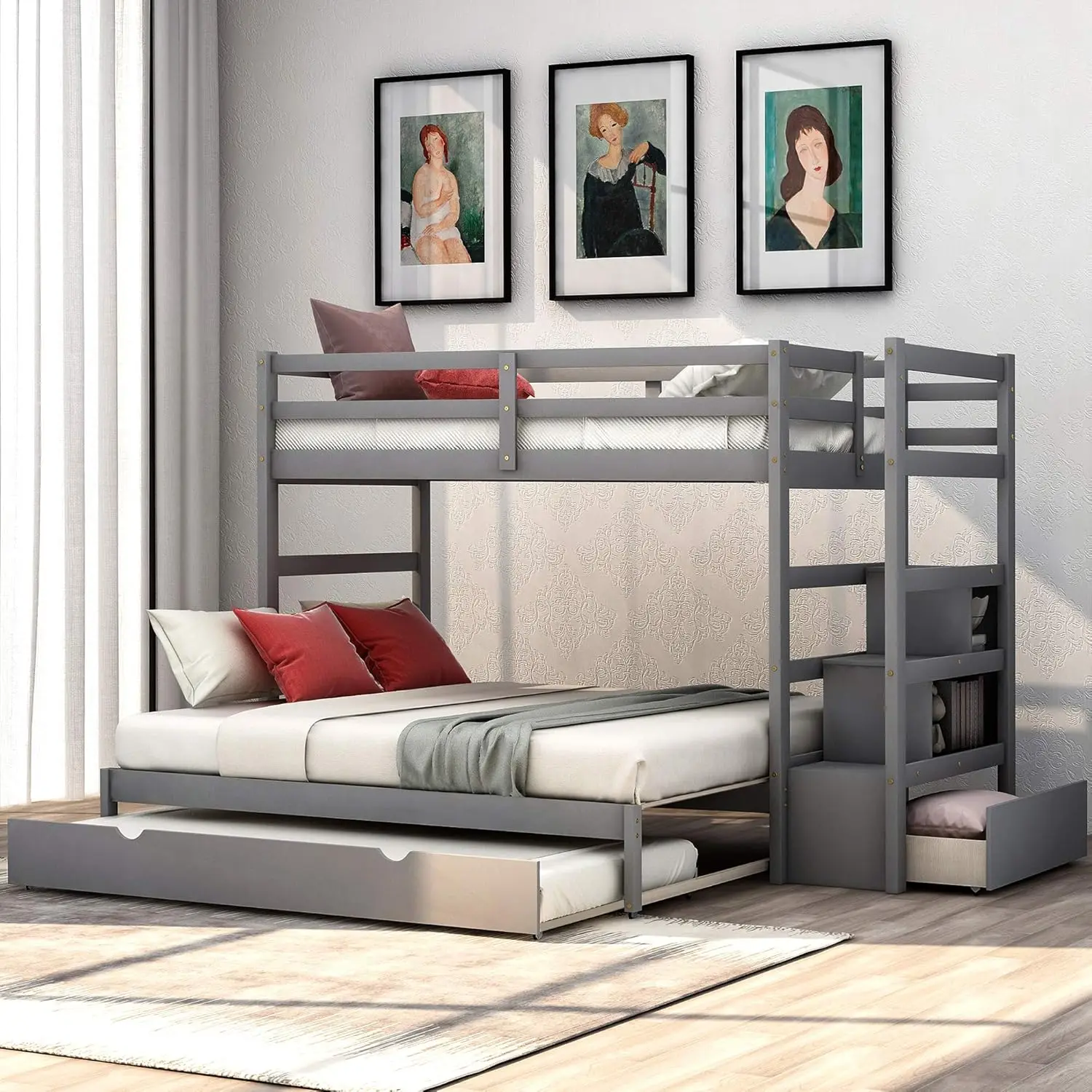 

Polibi Stairway Twin Over Twin/King Bunk Bed with Twin Size Trundle, Drawers and Guardrail, 3-in-1Wood Trundle Bunk Bed for Grey