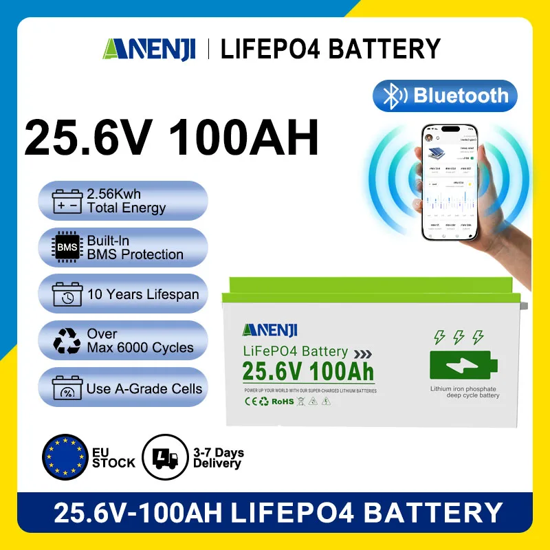 ANENJI 25.6V 100AH Akumulatory Lifepo4, Litowo-żelazowo-fosforanowe baterie słoneczne, Akumulator litowo-żelazowo-fosforanowy z BMS, Klasa A, ponad 6000 cykli, z Bluetooth