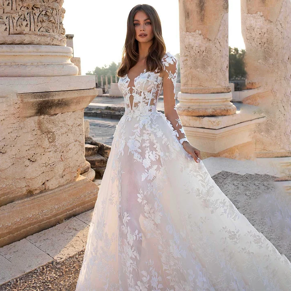 Robe de Mariée en Tulle Brodée à Manches sulf, Tenue Personnalisée, Dos aux, Dentelle, Maille, Col en V, Grande Taille, pour Patients de Luxe