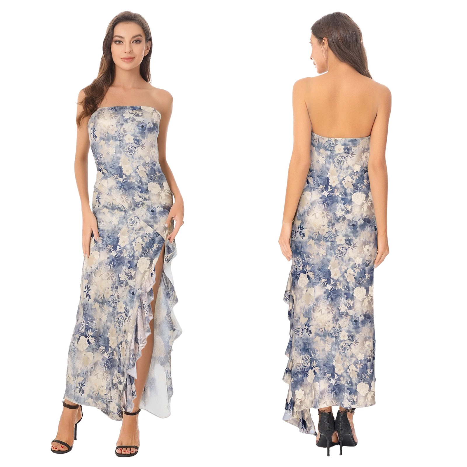 

Women Orient Style Floral Print Strapless Dress Side Split Ruffled Trim Bodycon Tube Maxi Dress for Birthday Banquets Party