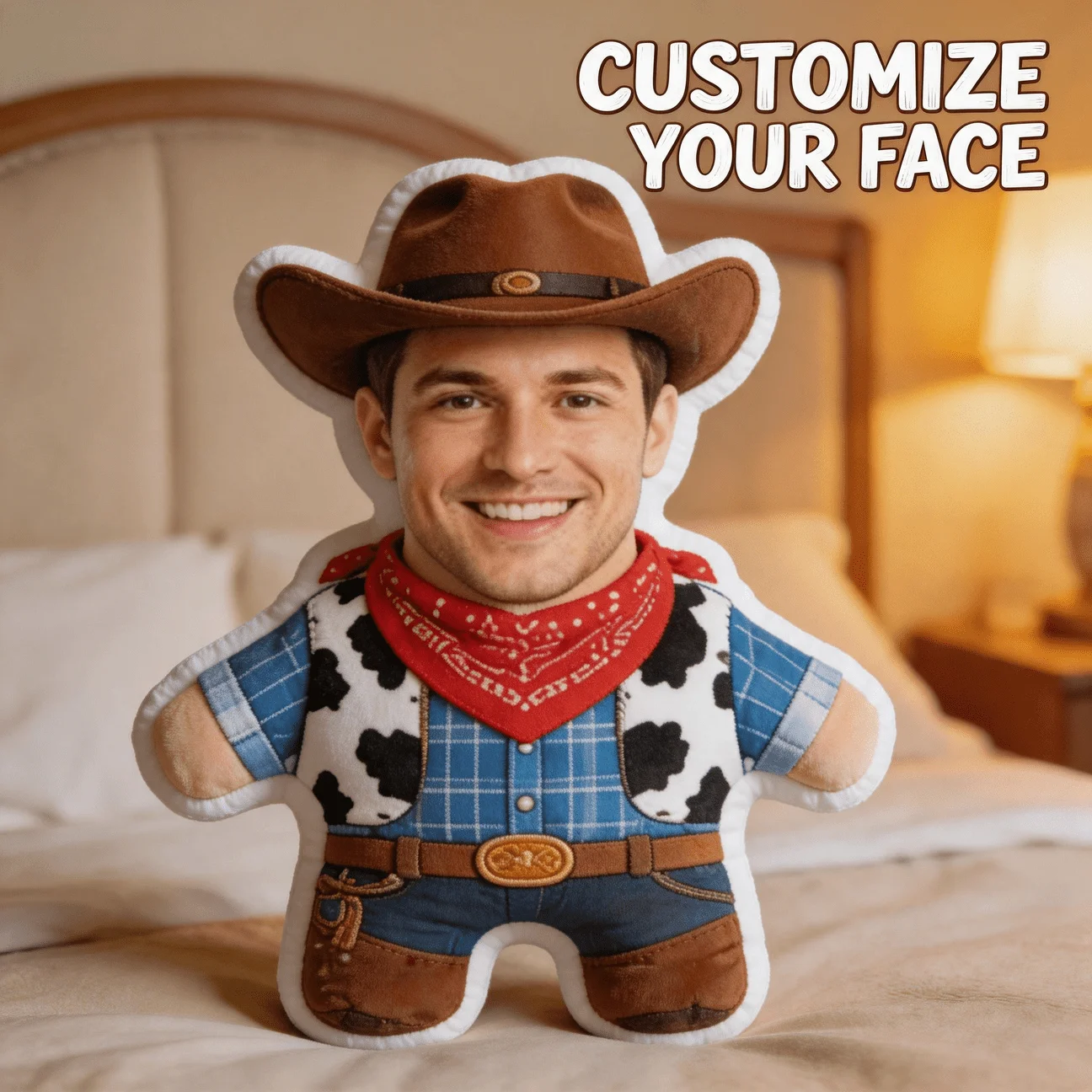 Custom Personalized Photo Face Pillow, Cowboy Style Custom Shaped Decorative Cushion, 60cm Home Decor Accent Pillow for Sofa & B