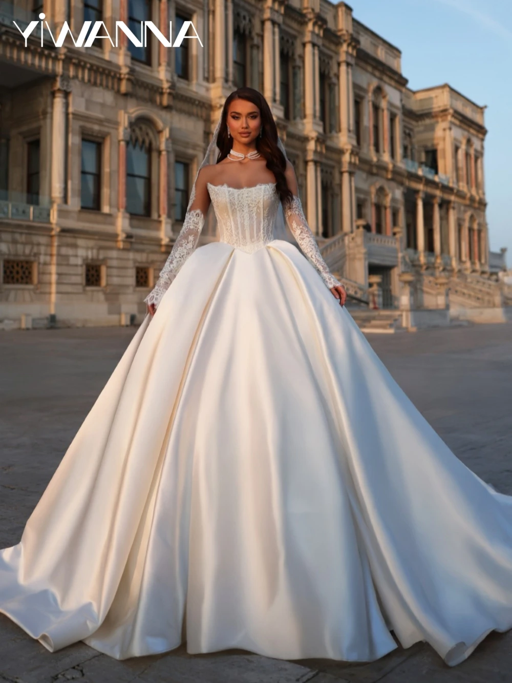 

Puffy Ivory Beaded Lace Long Wedding Dress Detachable Sleeve Elegant Satin Strapless Bridal Gown Customized Dresses For Bride