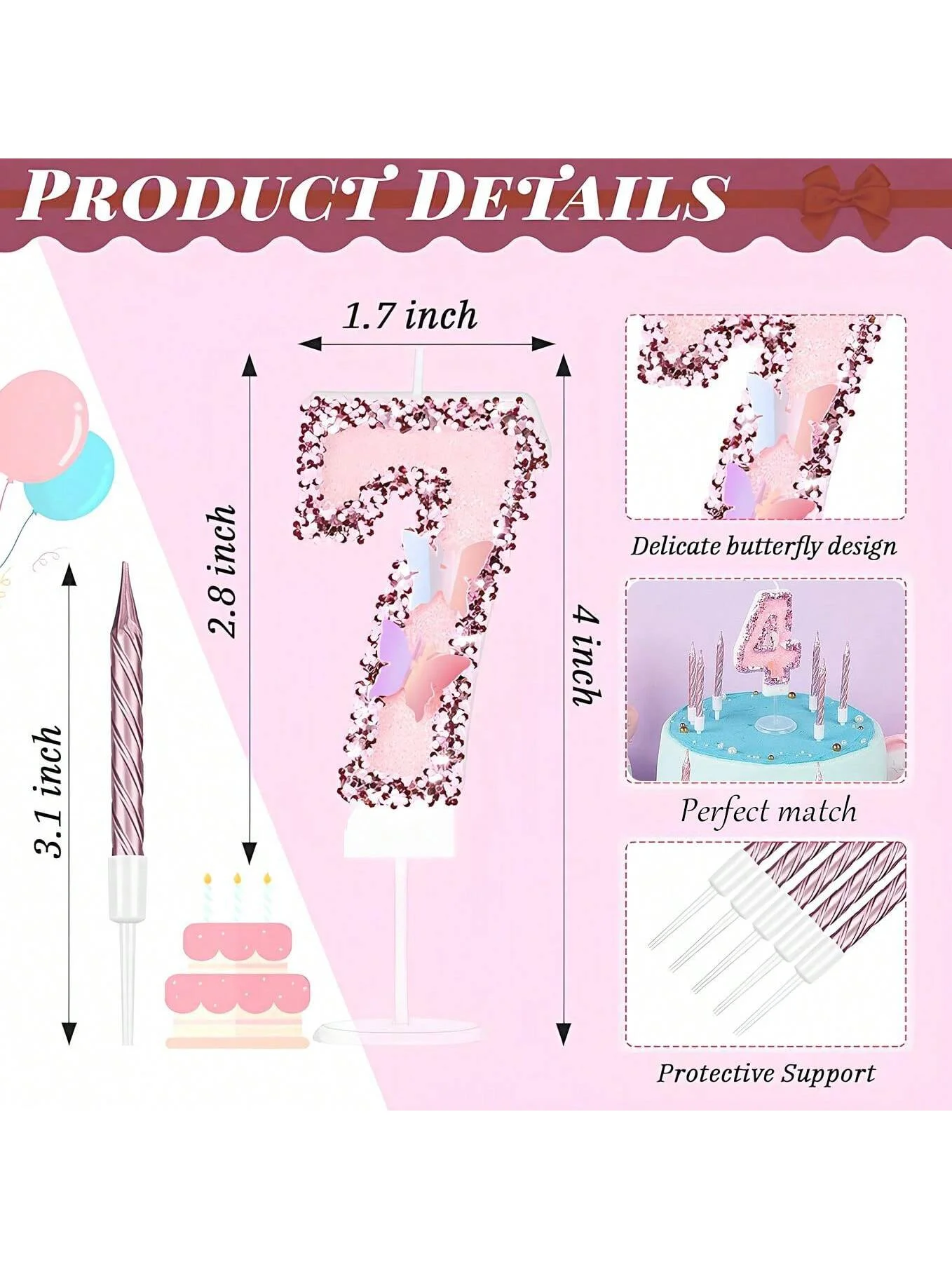 (6+1)7Pcs Pink Butterfly Birthday Candles Set,Pink Cut Ins Cake Numeral Candles,Number 0-9 Glitter Cake Topper Decoration for Pa