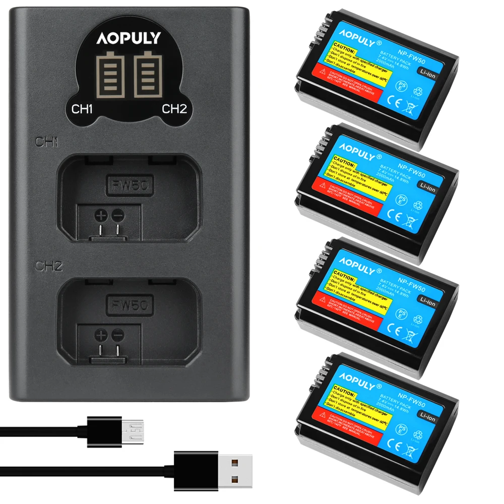 AOPULY 2000mAh NP-FW50 NP FW50 كاميرا بطارية + LCD USB المزدوج شاحن أجهزة سوني ألفا a6500 a6300 a6000 a5000 a3000 NEX-3 a7R