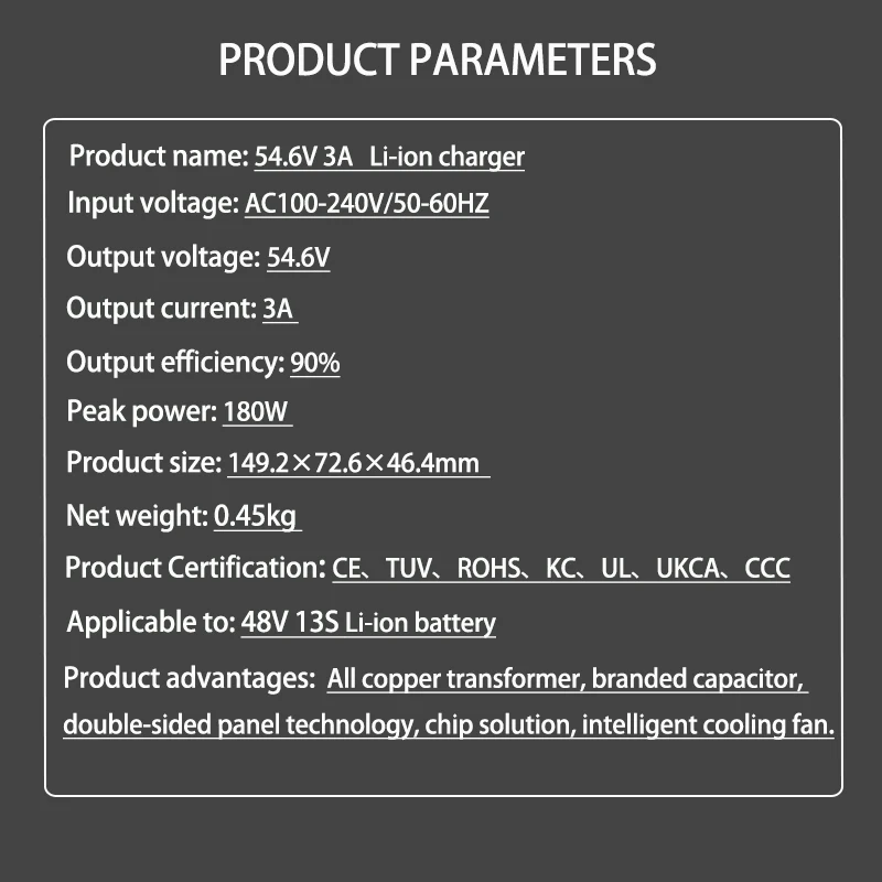 Carregador de bateria do íon do lítio para o bloco de bateria do lítio, tomada fêmea IEC, 3 Pin, 48V, 54.6V, 3A