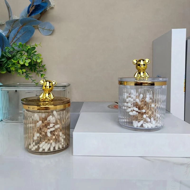Kotak penyimpan kapas akrilik, penyimpan kapas beruang lucu bantalan katun penata Makeup untuk kotak kapas tahan lama transparan